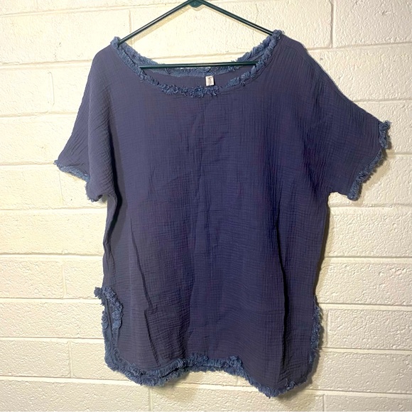 Fringe Edge Lightweight Summer Shirt Blouse Navy Frayed Hem Waffle Breathable 2X - Picture 1 of 7